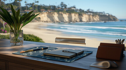 Obraz premium Virtual meeting office design with scenic beach view background