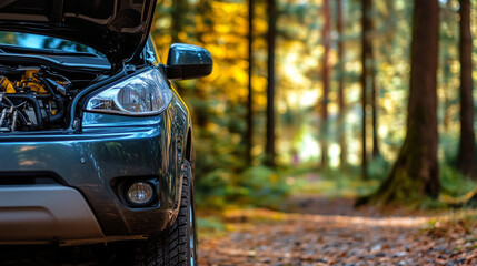 SUV parked in the wild with engine exposed