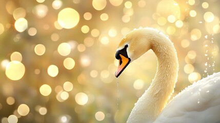 Fototapeta premium White swan with water droplets on its neck and blurred background