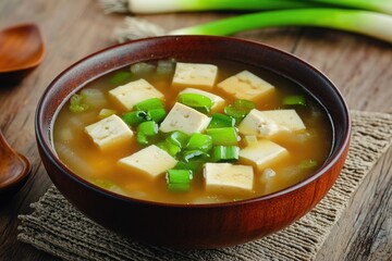A bowl of savory soup filled with tender tofu and green onions