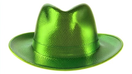 A bright and colorful green hat sits on a plain white background