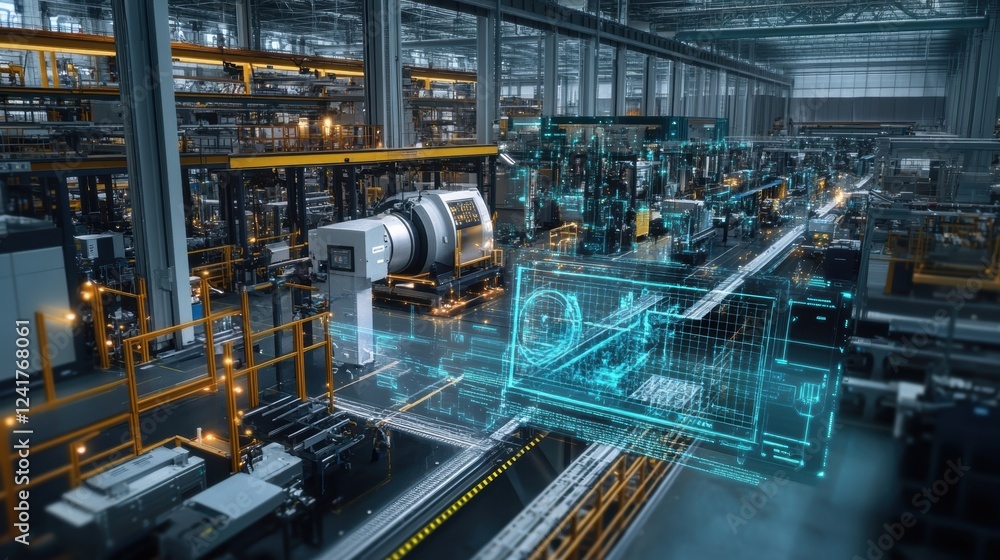 Poster inside a futuristic industrial manufacturing plant, augmented reality interfaces and ai technology a