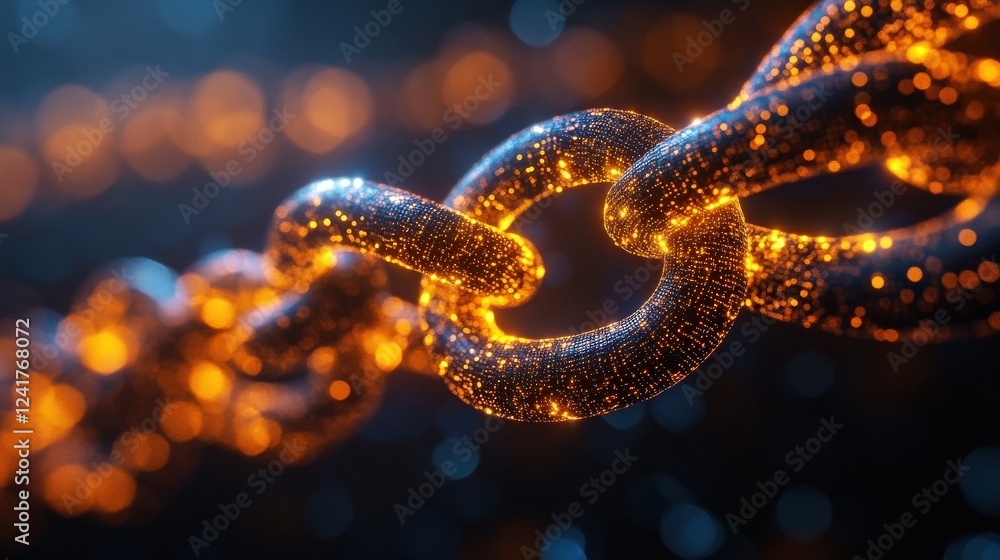 Aufkleber close-up of a glowing chain link with shimmering particles, set against a blurred background