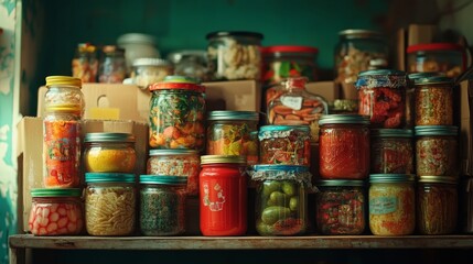 Assorted foods and groceries stacked on tables, along with open boxes and packing supplies, are ready for assembly to be donated to charity or a food bank