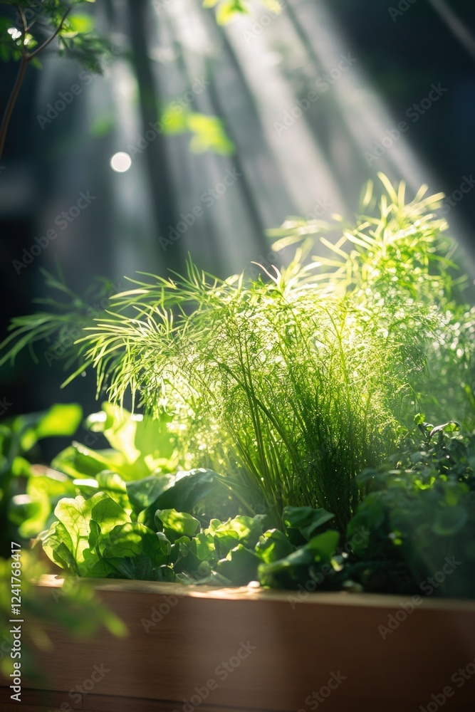 Poster a planter with plants is illuminated by sunlight filtering through the trees