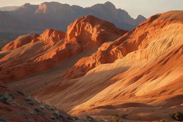 Naklejka premium A vast desert landscape with towering red rock formations glowing under the warm light of the setting sun. The sand dunes cast long shadows, and sparse vegetation.