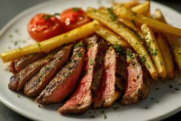 A juicy steak served on a white plate with crispy French fries