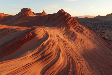 A vast desert landscape with towering red rock formations glowing under the warm light of the setting sun. The sand dunes cast long shadows, and sparse vegetation.