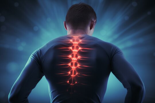 Rear view of an athlete with red glowing lines along his spine, suggesting back pain or spinal injury