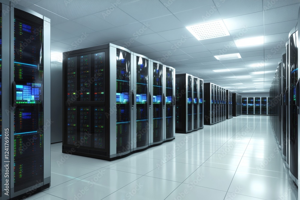 Leinwandbilder Inside a high-tech data center, sleek server racks emit a soft blue glow, highlighting advanced technology and offering ample copy space for text on the right
