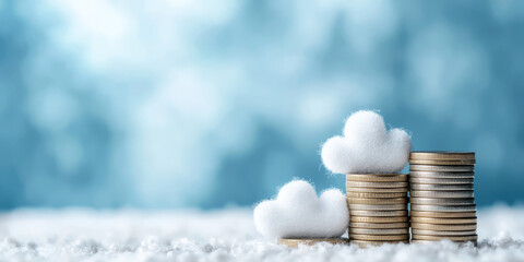 Stacks of coins and white cloud, concept of financial planning, cost management and budgeting in cloud computing data storage.