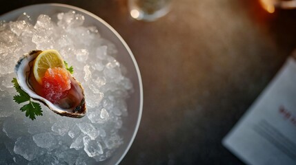 A fresh oyster rests on crushed ice with a lemon wedge and parsley, highlighting its vibrant textures. The setting invites a sophisticated seafood experience