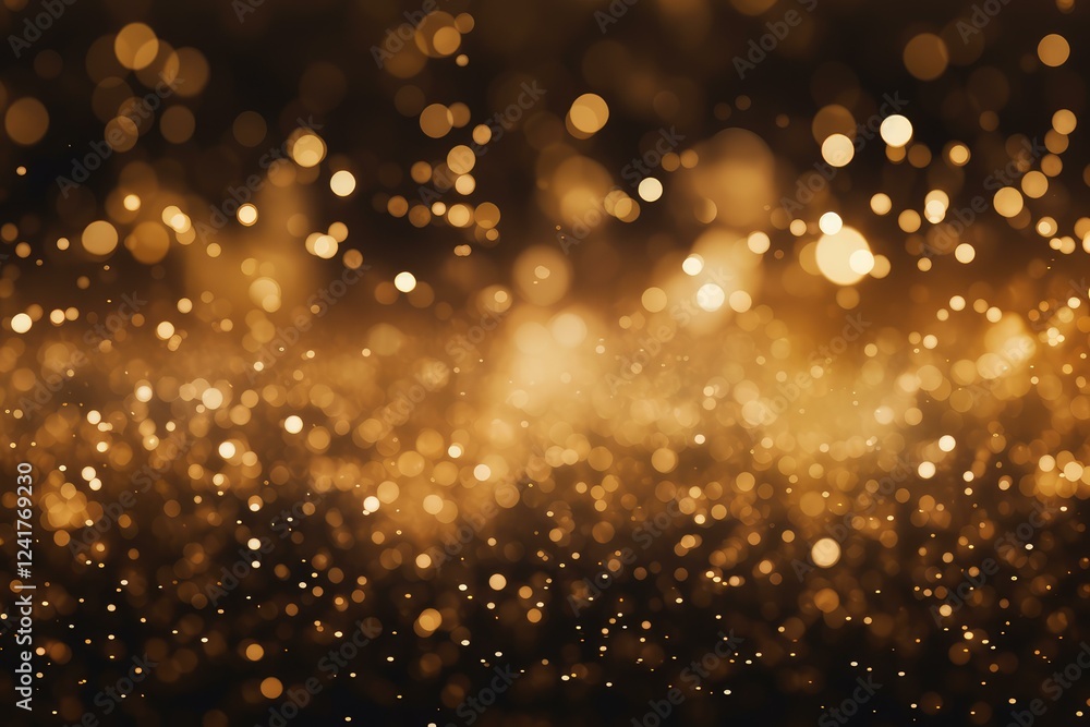 Aufkleber golden particles floating and bokeh lights glowing on dark background, creating a festive atmosphere