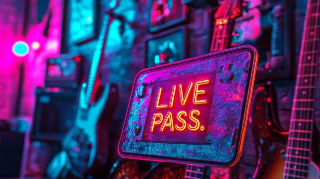 A close-up of a laminated pass with a vibrant color scheme and bold font, placed on a dark background, captures the excitement of a live music event