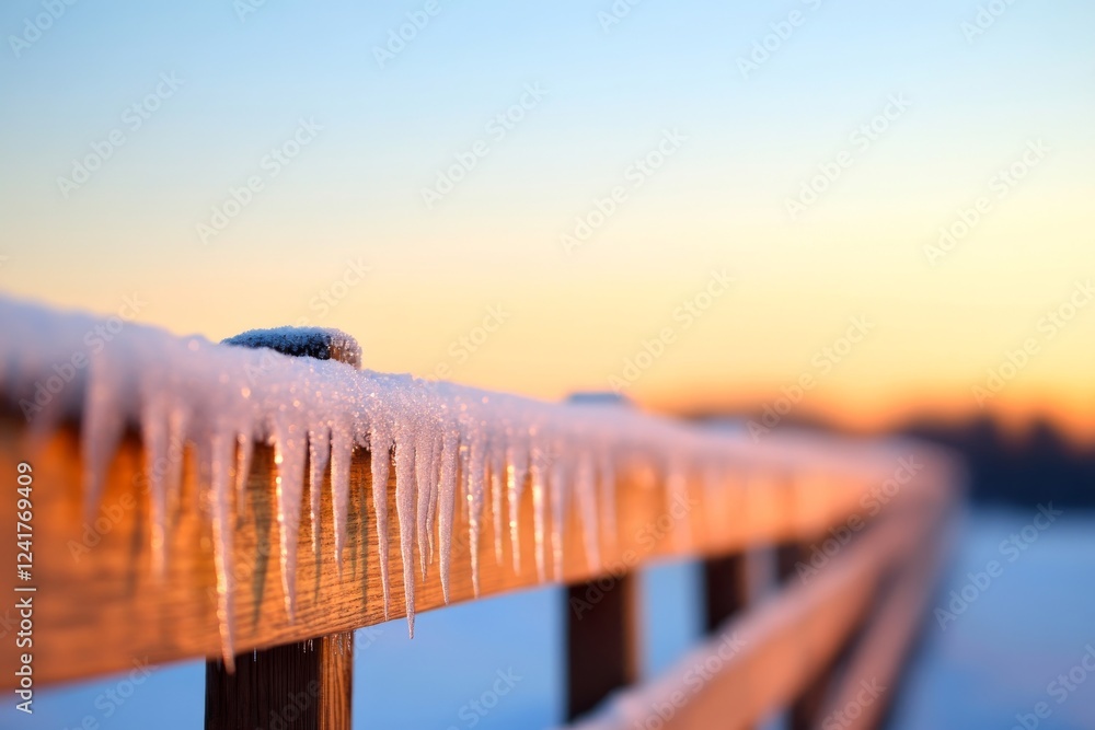 Poster wooden fence post is highlighted with frost and icicles, creating a crisp winter feel under a serene