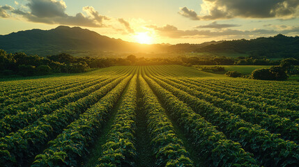 Aerial view of lush green farmland at sunrise
