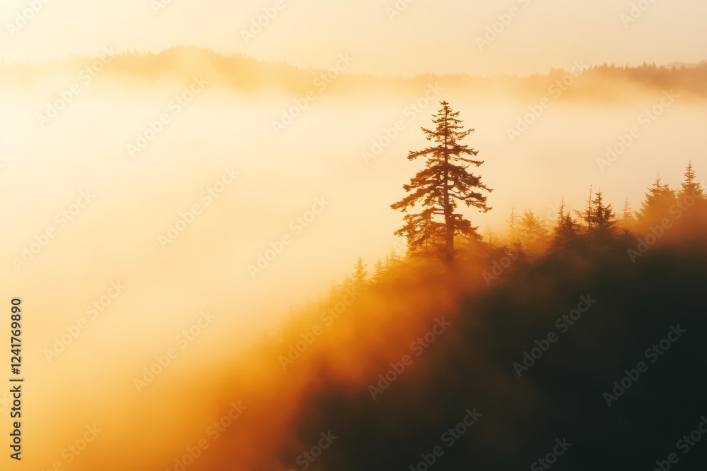 Poster dense fog rolls through a forest clearing, highlighting a single tall pine tree against a soft, diff