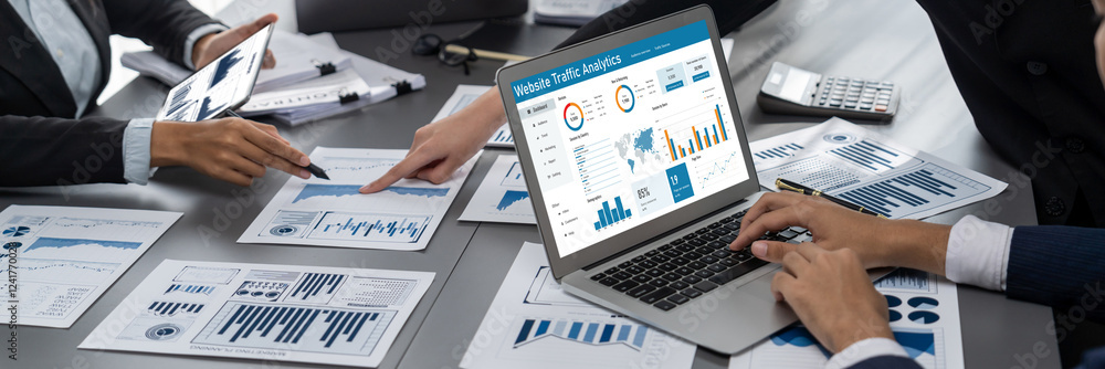 Poster computer software for website traffic analytics data on computer screen. concept of seo search engin