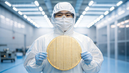 Cleanroom technician handling semiconductor wafer technology lab professional environment close-up