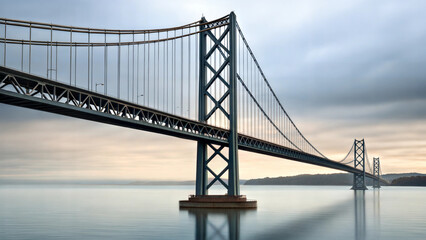 Fototapeta premium Architectural structure modern suspension bridge over calm coastal waters