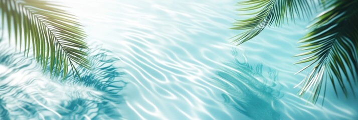 A tranquil summer oasis awaits you, featuring stunningly shimmering turquoise waters and lush green palm leaves that sway gently in the warm sunlight, evoking a profound sense of peace and relaxation