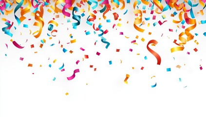 Colorful confetti celebration banner, falling ribbons, white background, party design