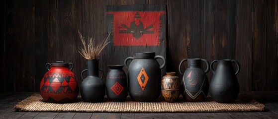 A collection of seven uniquely decorated vases and a woven mat arranged on a wooden floor.