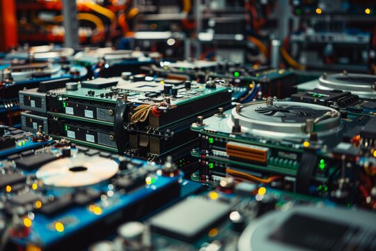 Computer hardware is being assembled in a factory, showing circuit boards, chips, and other components