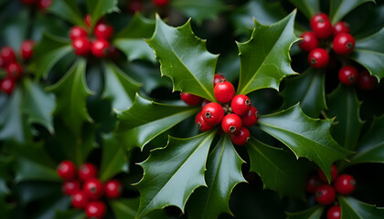 close-up of holly leaves and bright red berries for holiday decoration