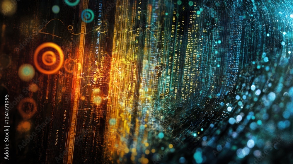 Poster data stream flowing on a futuristic interface, showing an innovative manufacturing process with numb
