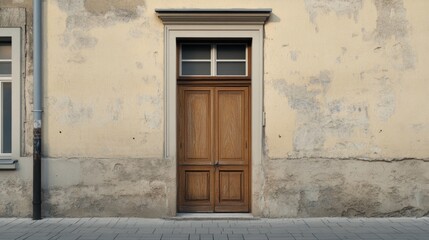 Old wooden door, weathered wall, city street, sunlight