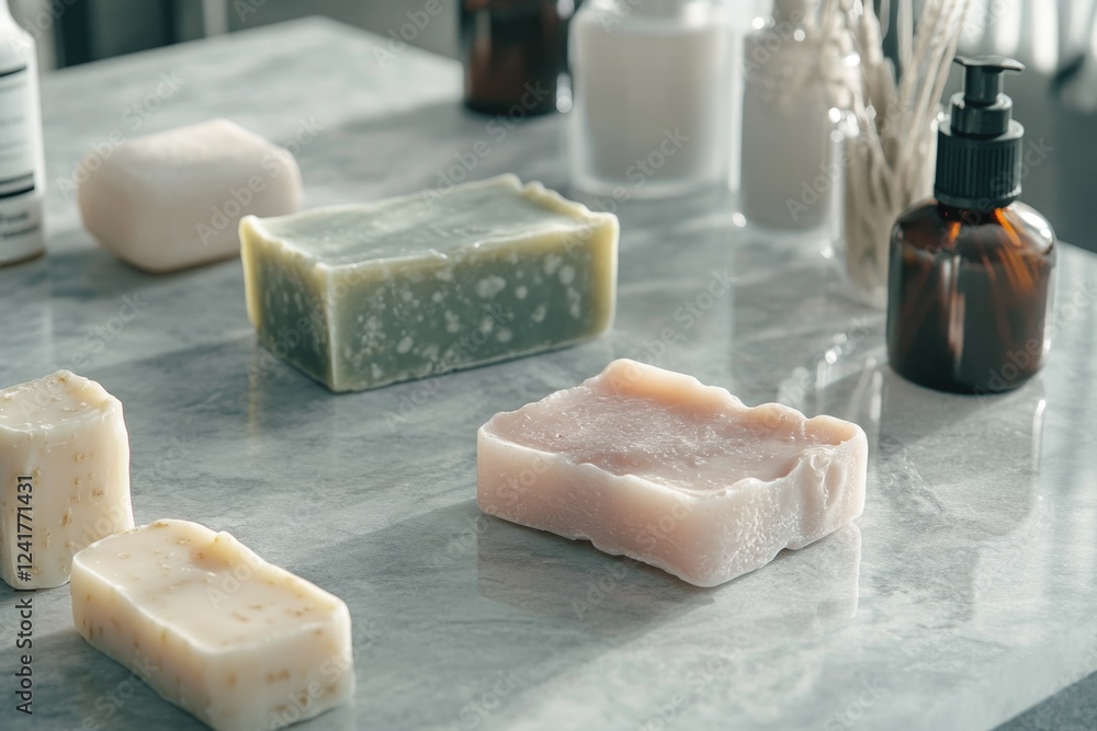 Poster a variety of soaps on a countertop, perfect for use in still life photography or as an element in a 