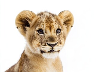 Obraz premium Close-up of a young lion's face on a white background, suitable for wildlife or animal-themed projects