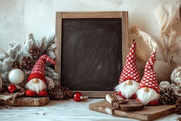A rustic wooden backdrop showcases a festive farmhouse-themed letterboard announcement, decorated with a buffalo plaid bow and whimsical gnomes, all set against a backdrop of thoughtful gifts and