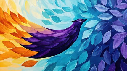   A vibrant bird painting on a tricolor backdrop of blue, yellow, and orange, featuring foliage in the foreground