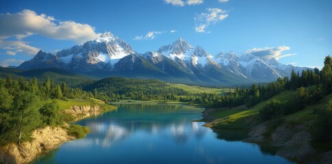 A serene and majestic mountain landscape adorned with lush green forests, a sparkling turquoise lake, and snow-capped peaks, all bathed in a vivid blue sky dotted with wispy white clouds