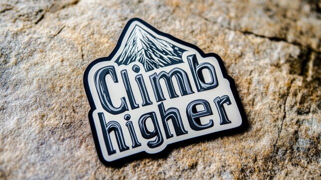 Motivational sticker, mountain design, on rough rock, inspiring message
