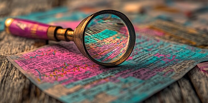 A lone magnifying glass focuses on detailed financial charts and graphs strewn across a chaotic desk, analyzing market trends and economic indicators
