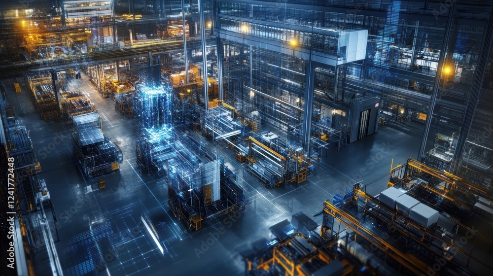 Poster automated guided vehicles transporting goods in a smart factory, enhancing logistics and production 