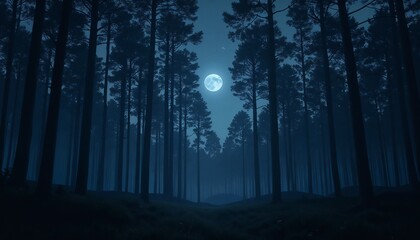 Naklejka premium Moonlit forest with tall trees and soft shadows creating an enchanting night scene