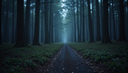 Mystical pathway through dense forest shrouded in mist creating serene and tranquil atmosphere