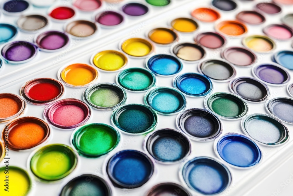 Poster a close-up shot of a tray filled with vibrant watercolor paints, ideal for use in design projects or