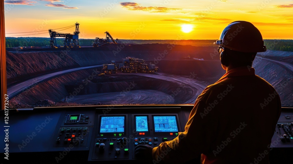 Poster operator monitoring machinery at sunset in an open-pit mine with equipment in the background