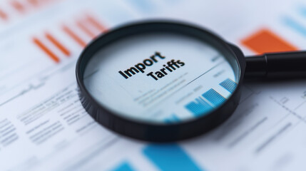 A magnifying glass focusing on the term Import Tariffs in an official trade document