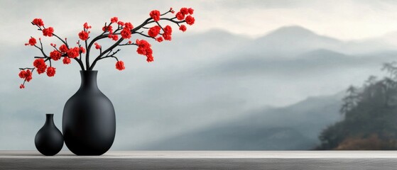 Red Flowers in Black Vases