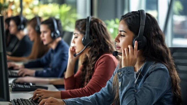 In a contemporary workspace, diverse young individuals work together, wearing headsets and focused on their screens while providing customer support.