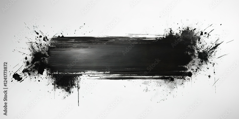 Poster abstract black brushstroke with splashes of paint against a white background creating a modern artis