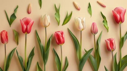 Obraz premium Bright tulips scattered with green leaves on a beige background. Natural composition. Perfect for spring or flower arrangements.