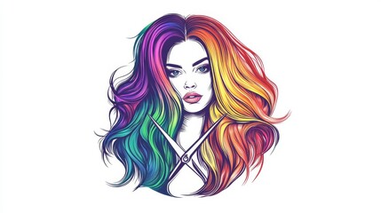 The logo for modern beauty showcases scissors encased by artistic hair elements in a circular composition, distinguished by simple lines and striking colors