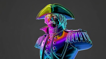 Polychromatic bust of horatio nelson, adorned with a bicorne hat, admiral's coat, and epaulettes, features vibrant iridescent colors against a neutral background